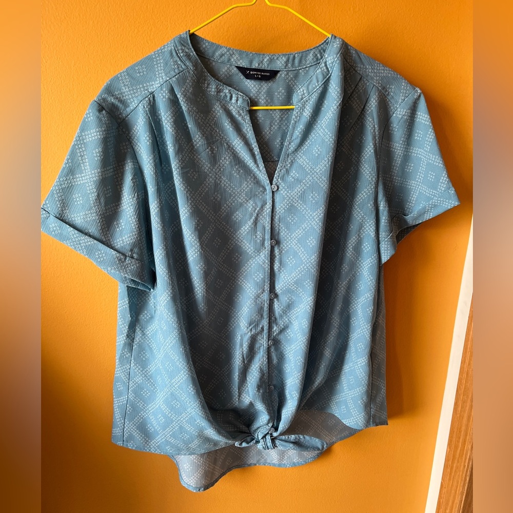 Light Blue Patterned Tie-Hem Blouse